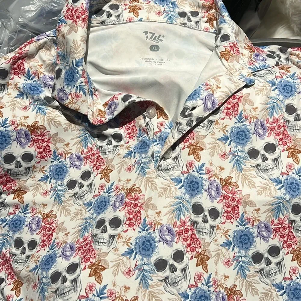 1764 Golf‎ Polo Shirt Mens Skulls N Flowers Polo C15